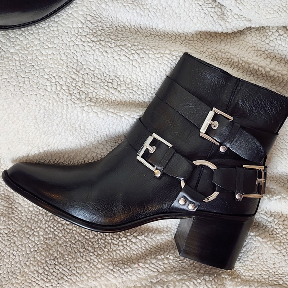 Aldo Black Leather Ankle Boots with Buckle Detail Moto Military Harness Boots - Picture 6 of 14